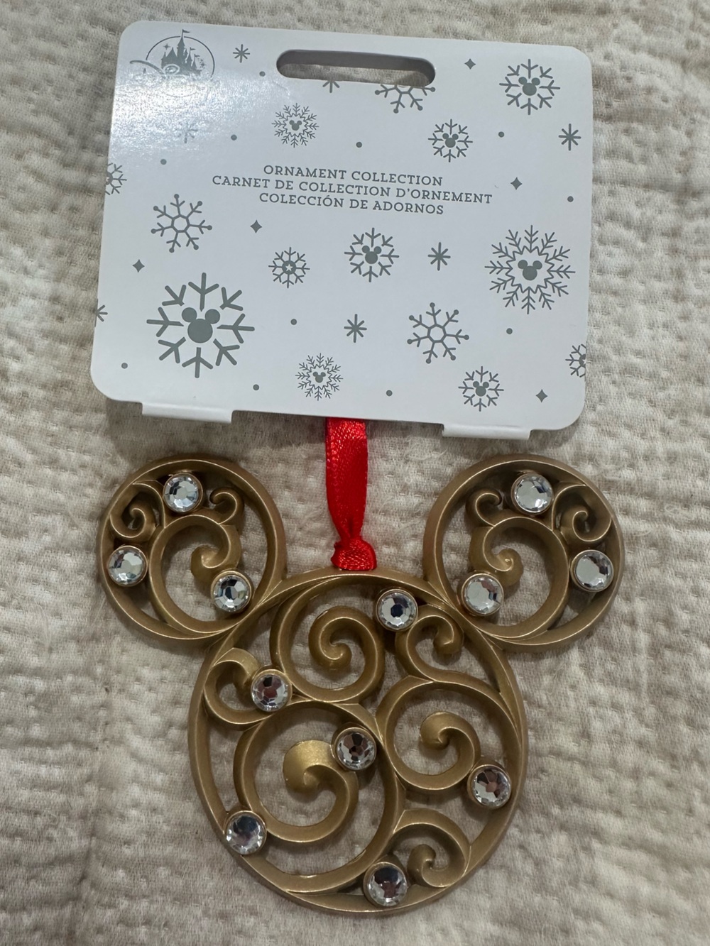 |Disney| Gold Scroll Mickey Ornament with Red Hanging Ribbon